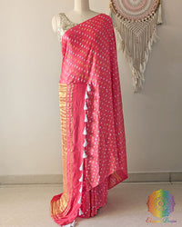 Candy Pink Pure Gaji Silk Saree with All-Over Bandhani Dots