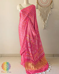 Candy Pink Pure Gaji Silk Saree with All-Over Bandhani Dots