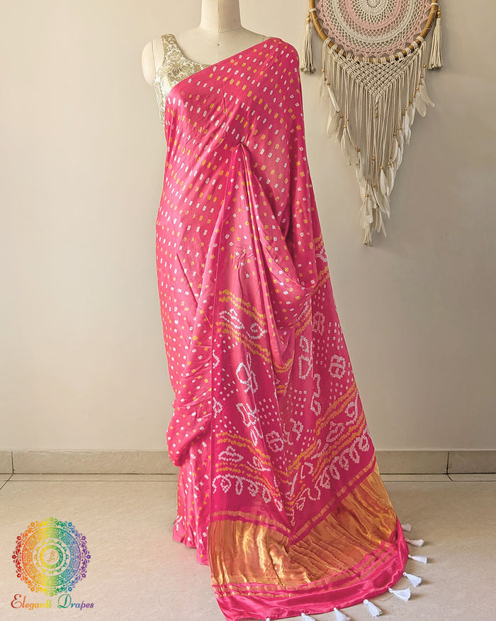 Candy Pink Pure Gaji Silk Saree with All-Over Bandhani Dots