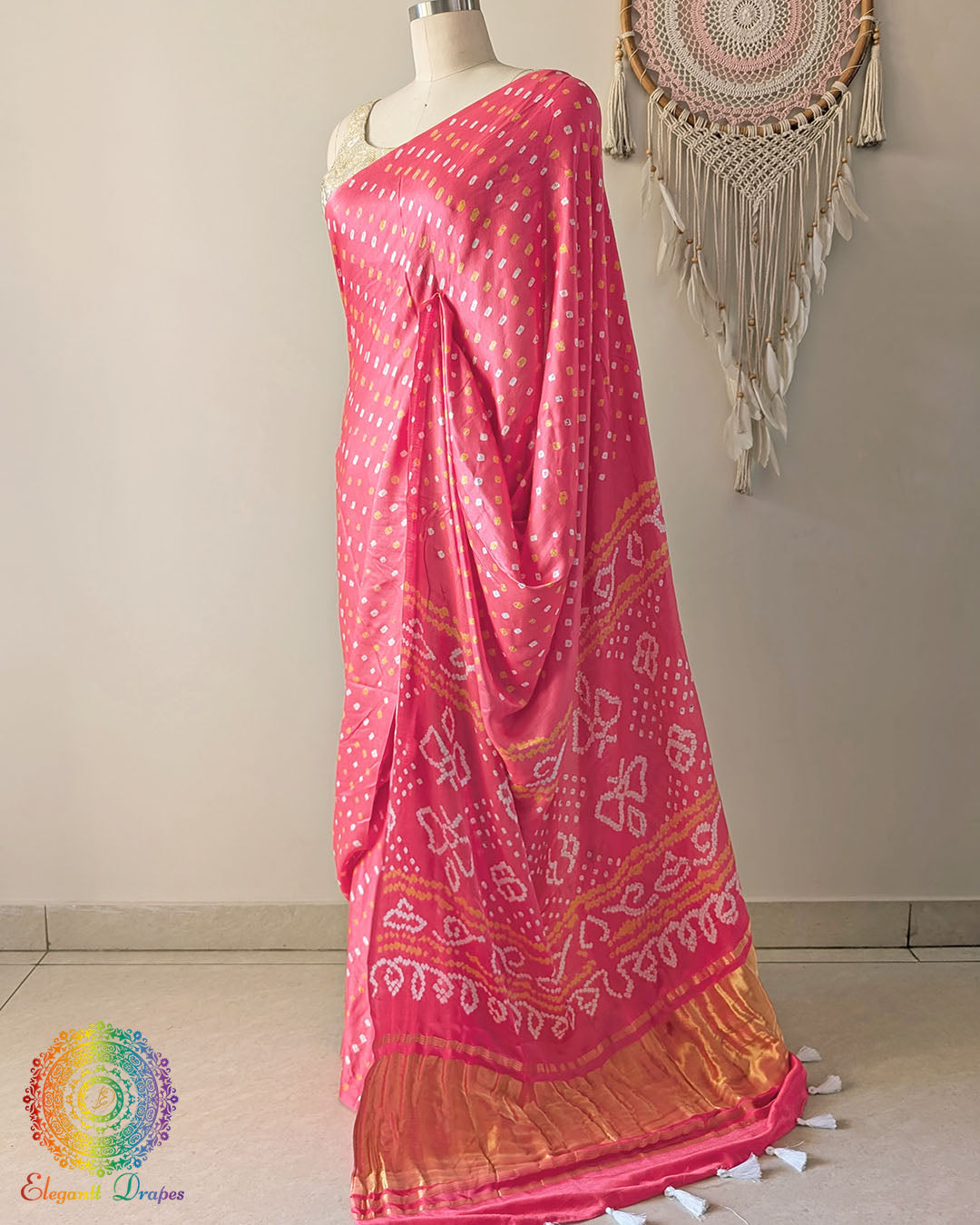 Candy Pink Pure Gaji Silk Saree with All-Over Bandhani Dots