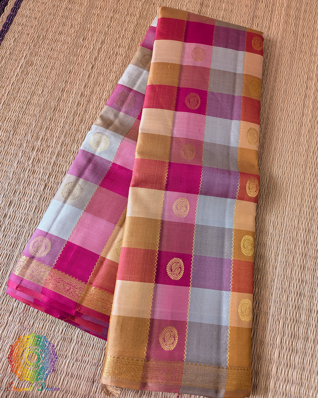 Pink Taupe Checked Pure Kanjivaram Silk Saree with 1-Gram Gold Zari folded view