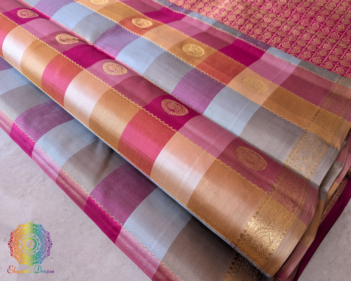 Pleats of the Pink Taupe Checked Pure Kanjivaram Silk Saree highlighting the elegant checked pattern and graceful silk drape