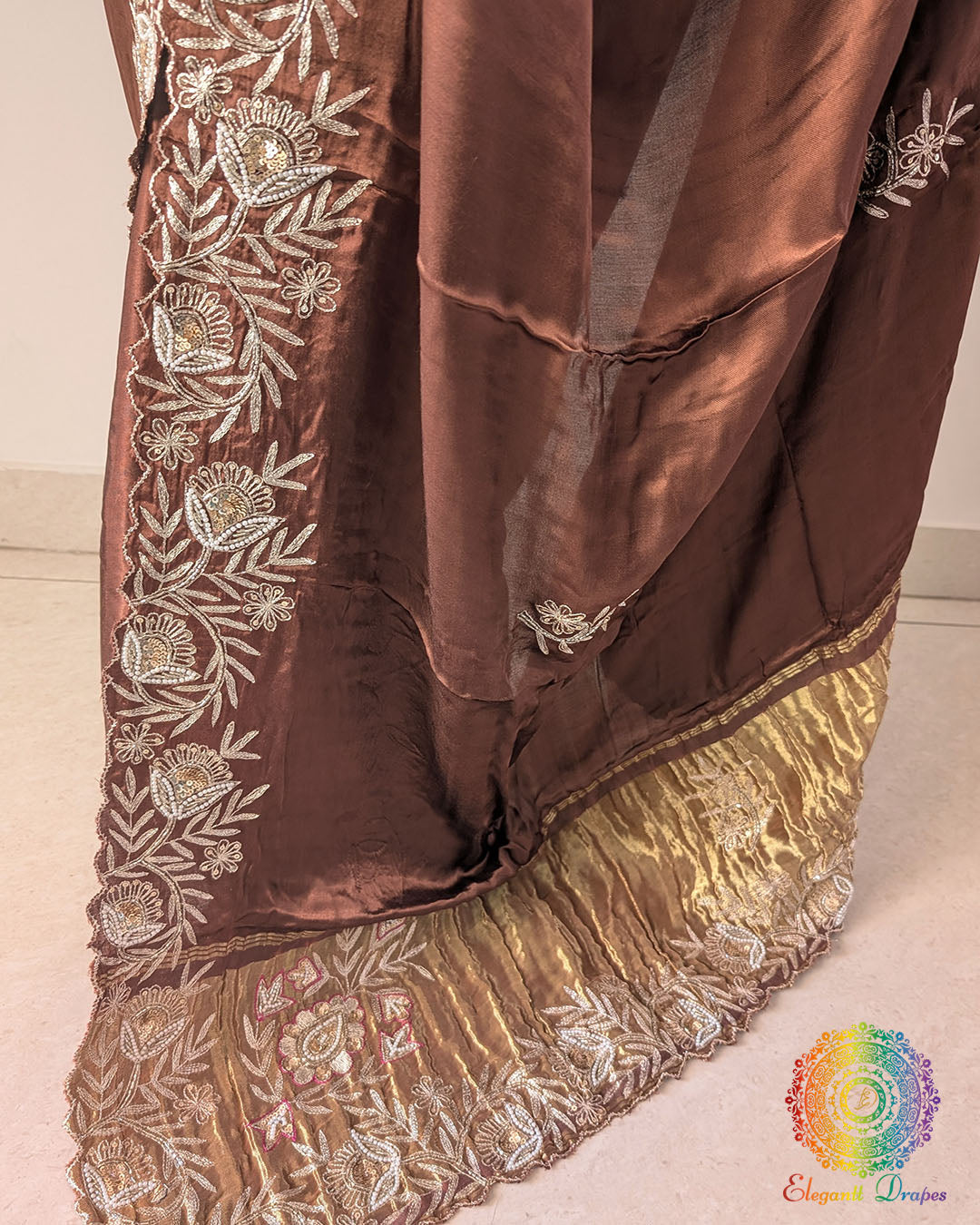 Dabka embroidery detail on chocolate brown silk saree