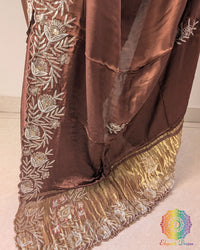 Dabka embroidery detail on chocolate brown silk saree