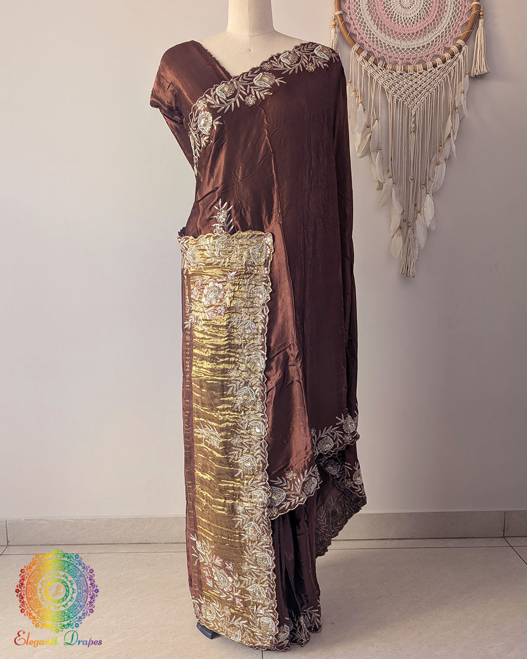 Chocolate brown Gaji silk dabka handwork saree open view