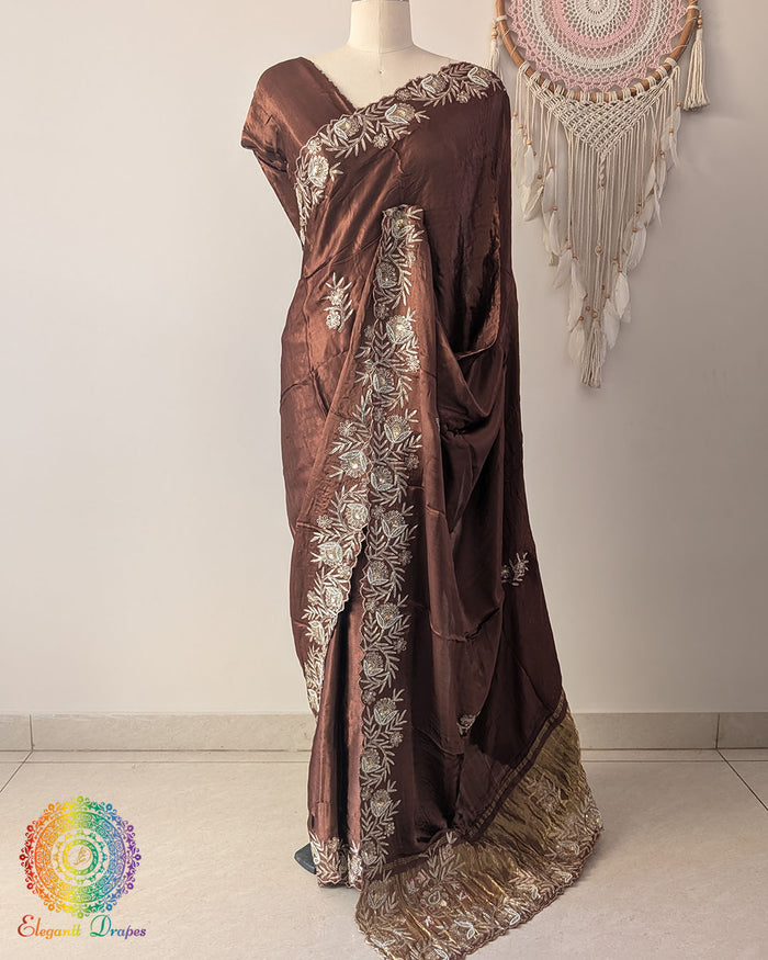 Chocolate brown Gaji silk dabka handwork saree drape view