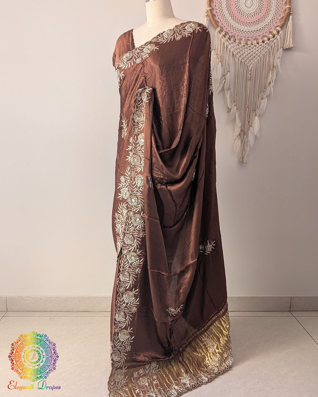 Chocolate brown Gaji silk dabka handwork saree palla view