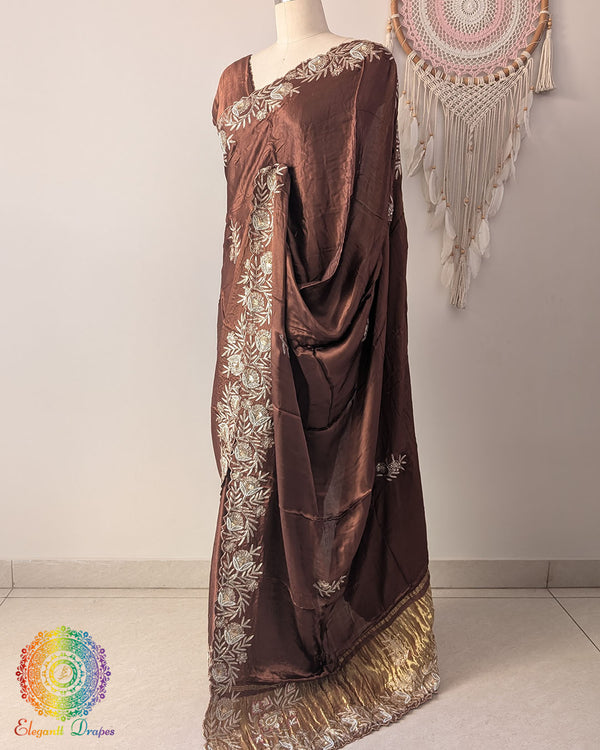 Chocolate brown Gaji silk dabka handwork saree palla view