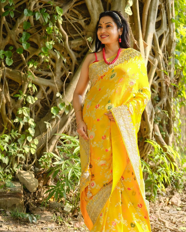 Chumki Sharma Celebrity in our Yellow Banarasi Pure Georgette Gota Embroidered Saree