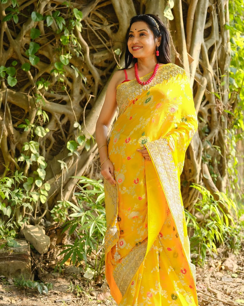 Chumki Sharma Celebrity in our Yellow Banarasi Pure Georgette Gota Embroidered Saree