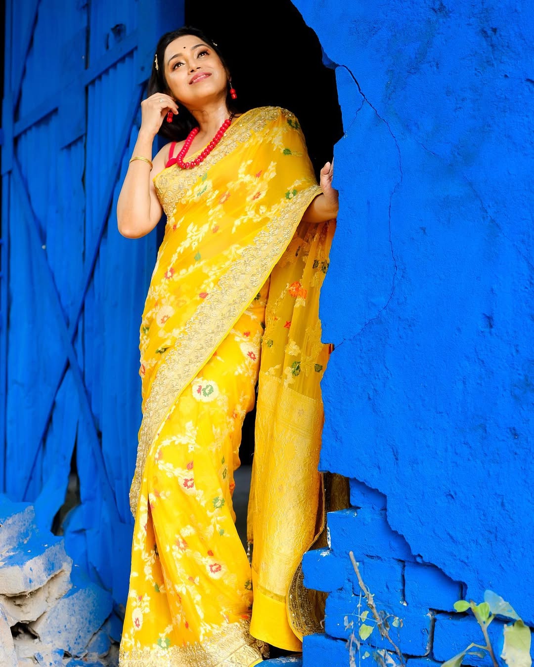 Chumki Sharma Instagram Celebrity in our Yellow Banarasi Pure Georgette Gota Embroidered Saree