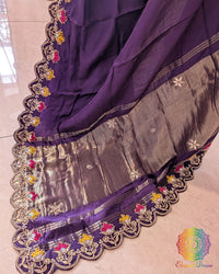 Close up of brinjal gaji silk saree highlighting gota patti and resham handwork