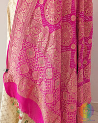 pink rai bandhej dupatta showing bareek bandhani and meenakari work