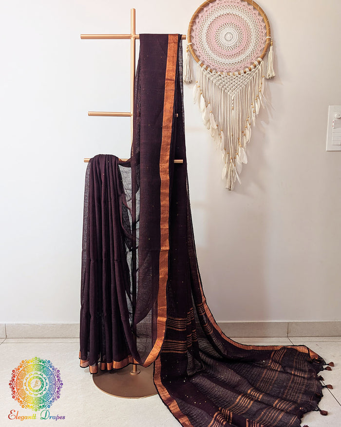 Coffee brown linen saree with sequins on mannequin showing complete drape