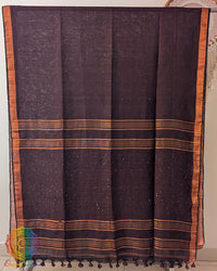 Full coffee brown linen saree laid open showing overall design and layout