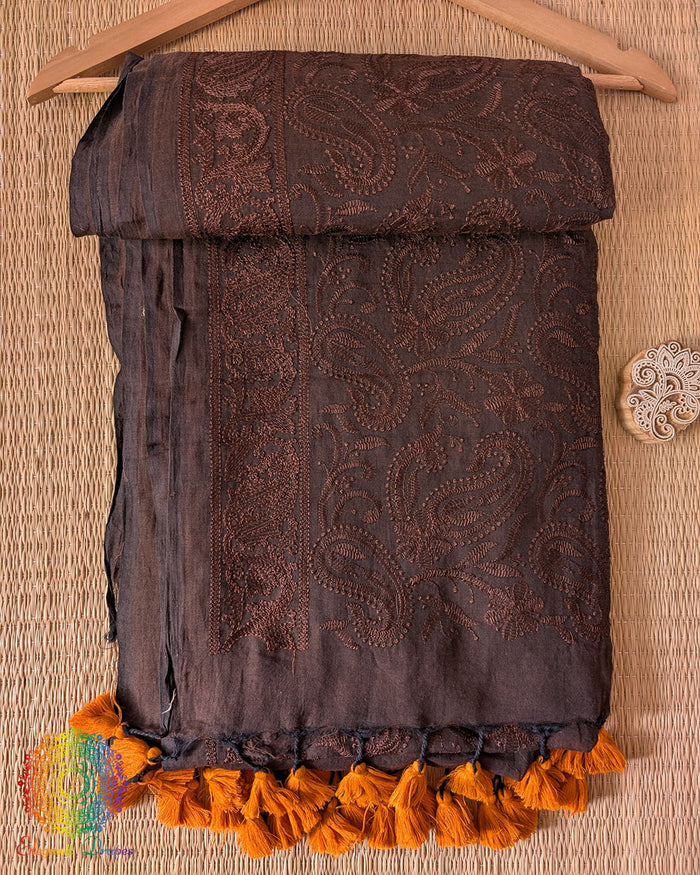 Coffee Brown Mul Cotton Chikankari threadwork on the pallu Saree