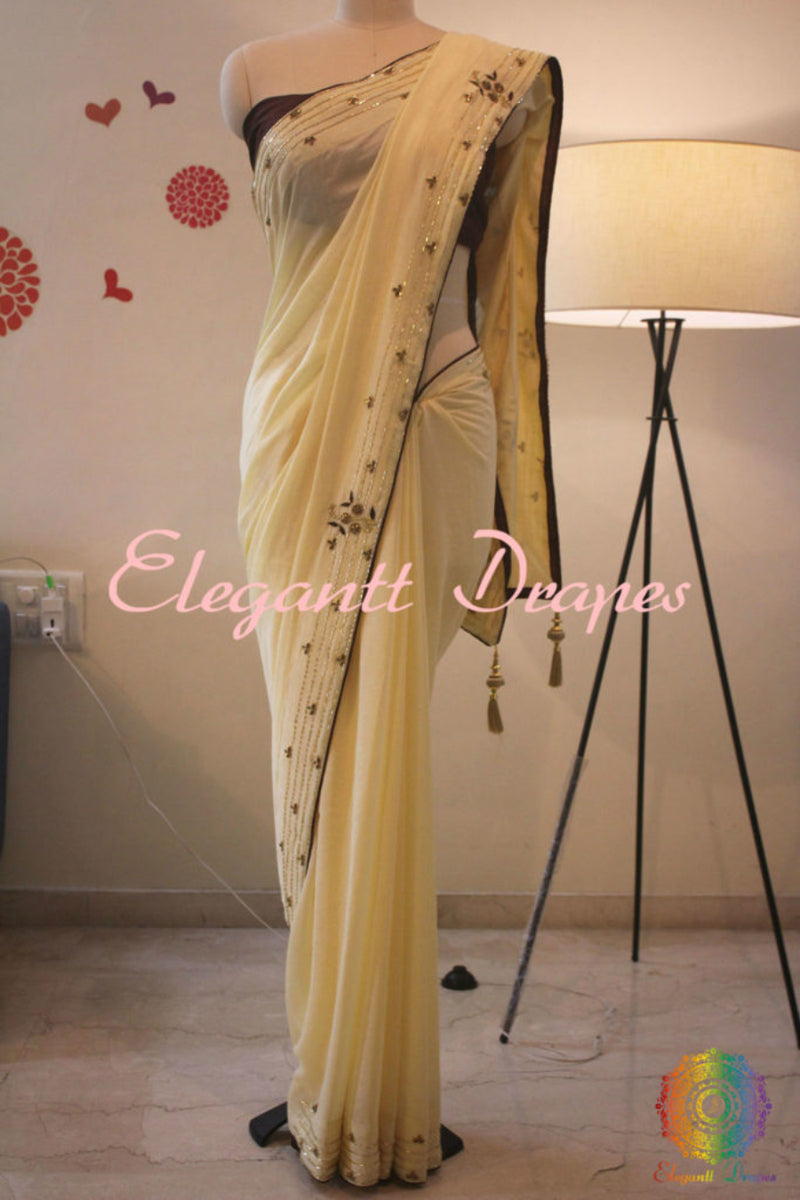 Light Yellow Color Spun Silk Kundan Handwork Saree – Handloom Saree Online India | Elegantt Drapes