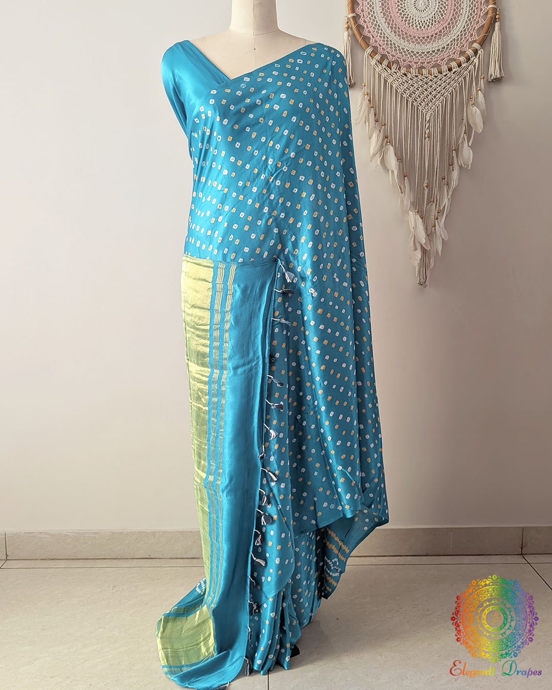 Cyan Blue Pure Gajji Silk Saree pallu with All-Over Bandhani Dots