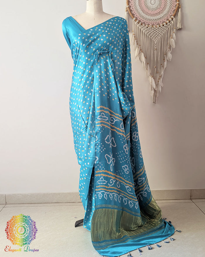 Cyan Blue Pure Gajji Silk Saree with All-Over Bandhani Dots front view