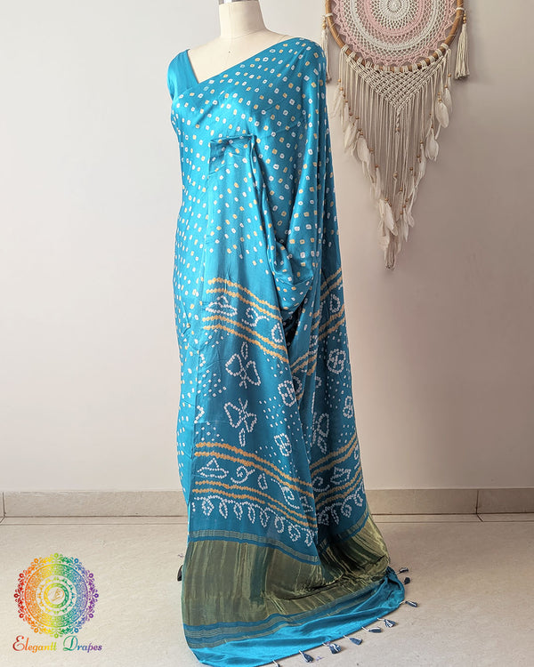 Cyan Blue Pure Gajji Silk Bandhani Saree side view
