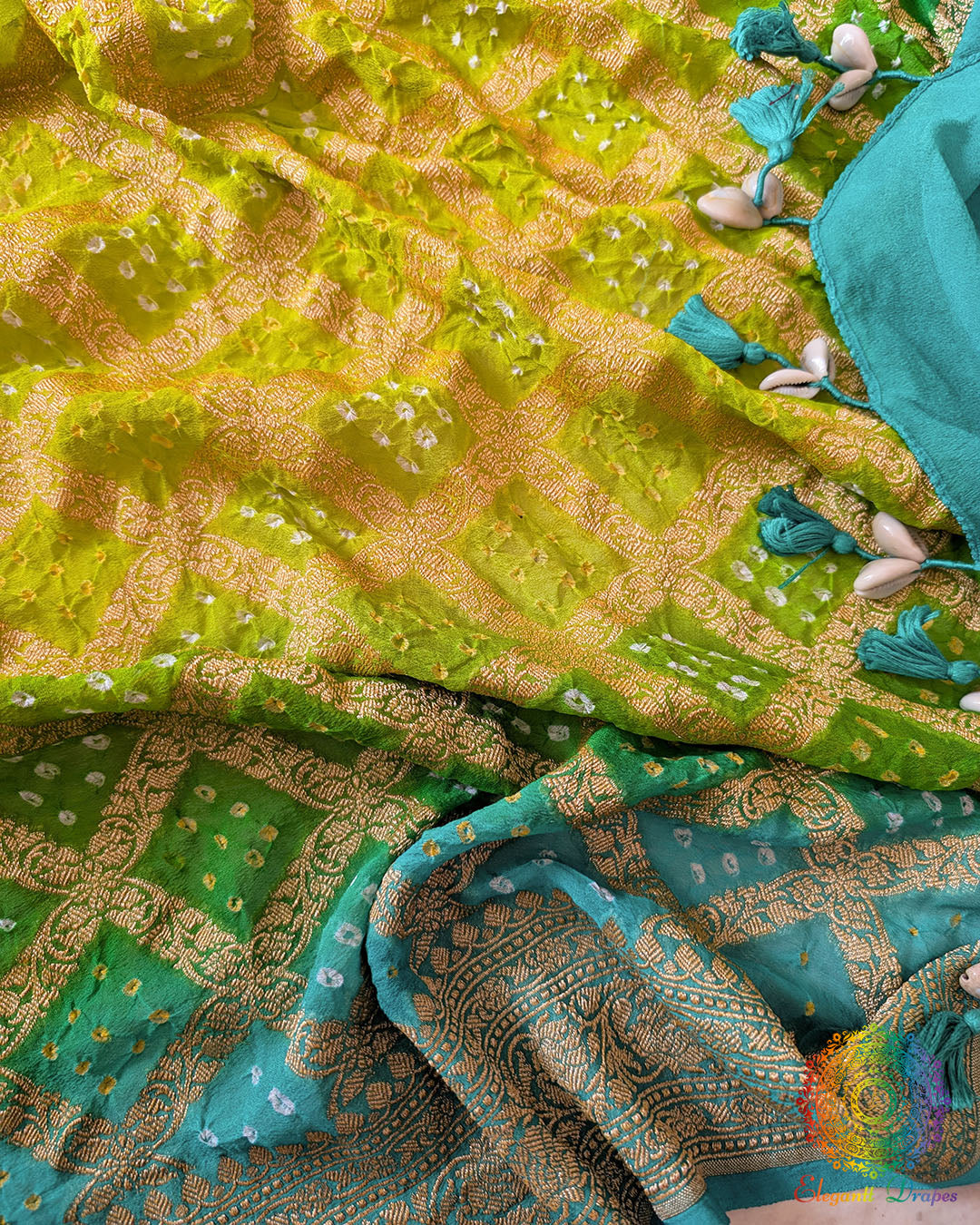 Kodi tassels on Sea Green Shaded Banarasi Georgette Gharchola Bandhani Dupatta