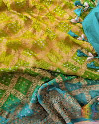 Kodi tassels on Sea Green Shaded Banarasi Georgette Gharchola Bandhani Dupatta