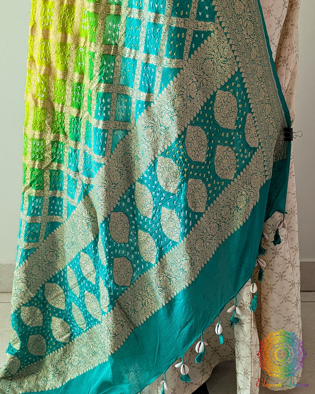 Close-up of Gharchola and Bandhani detailing on Sea Green Shaded Banarasi Georgette Dupatta