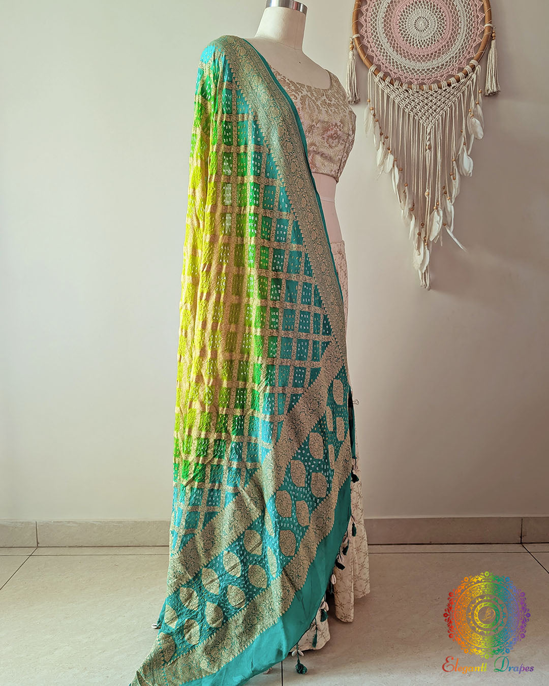 Sea Green Shaded Banarasi Georgette Gharchola Bandhani Dupatta side drape view