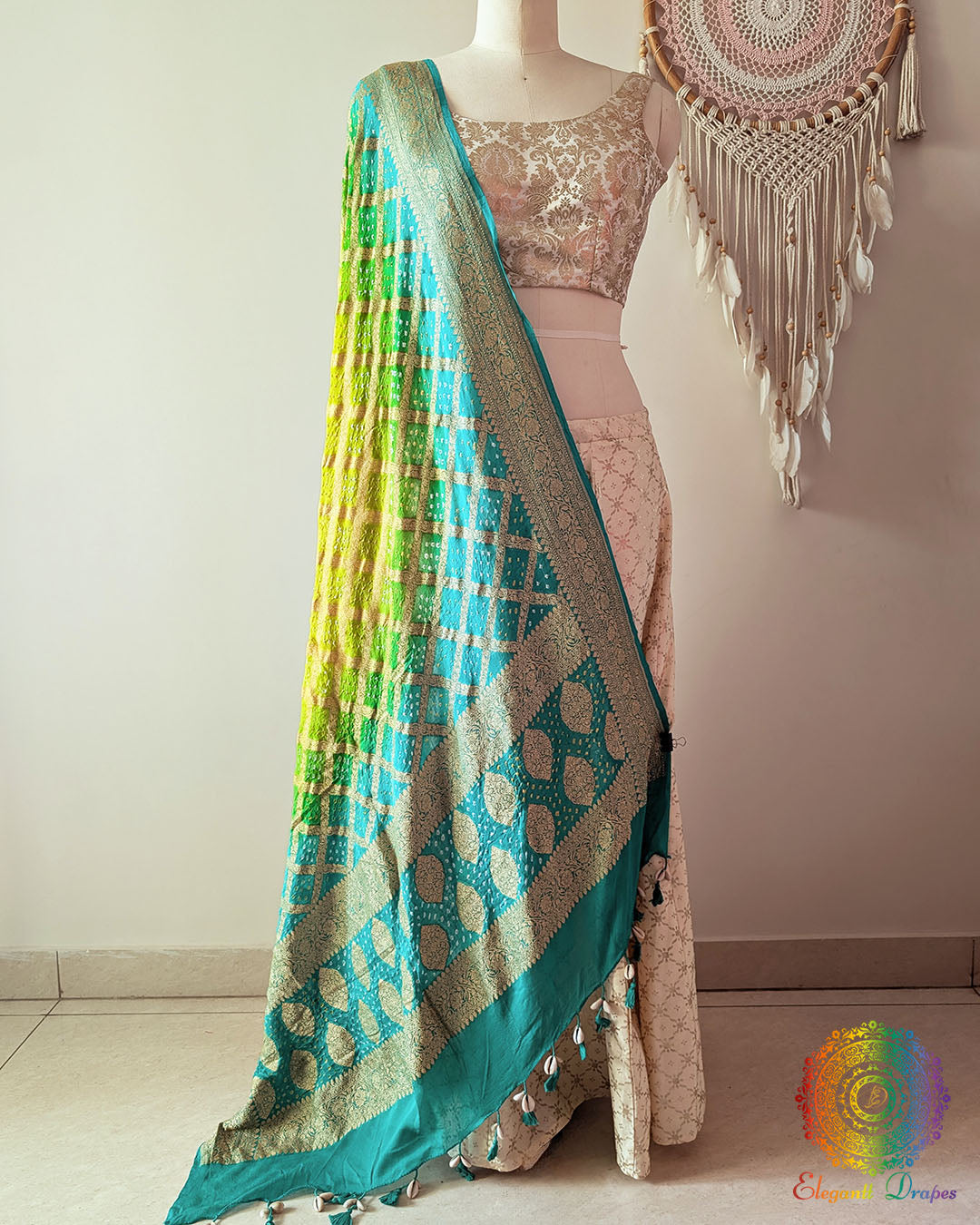 Sea Green Shaded Banarasi Georgette Gharchola Bandhani Dupatta front drape view