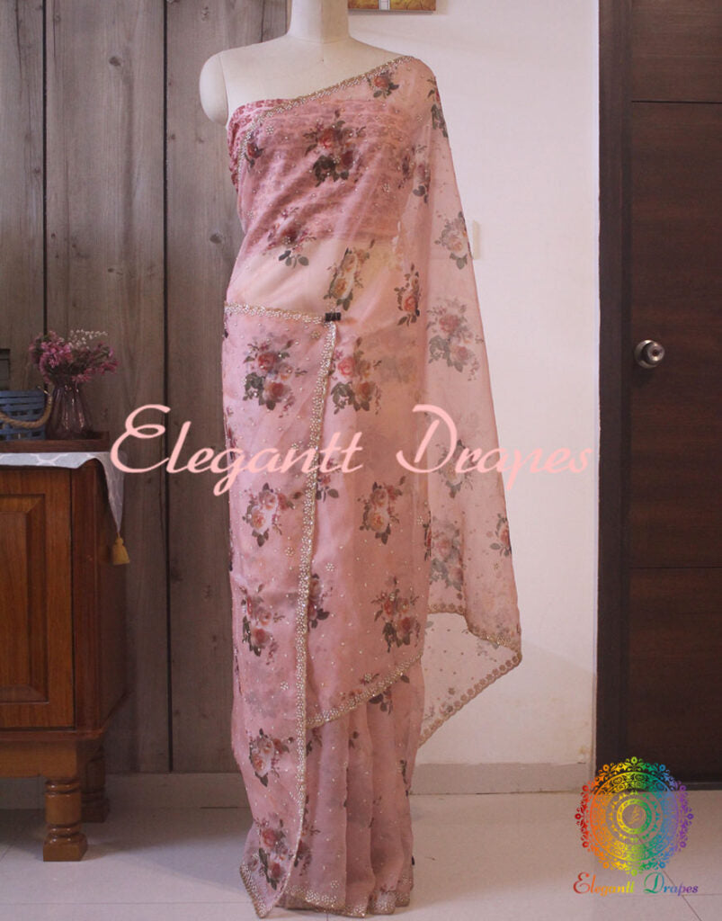 Blush Pink Floral Printed Pure Organza Handwork Saree – Handloom Saree Online India | Elegantt Drapes