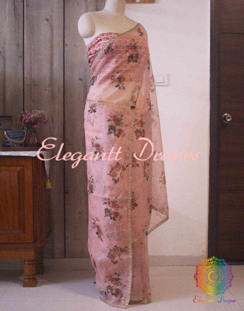 Blush Pink Floral Printed Pure Organza Handwork Saree – Handloom Saree Online India | Elegantt Drapes