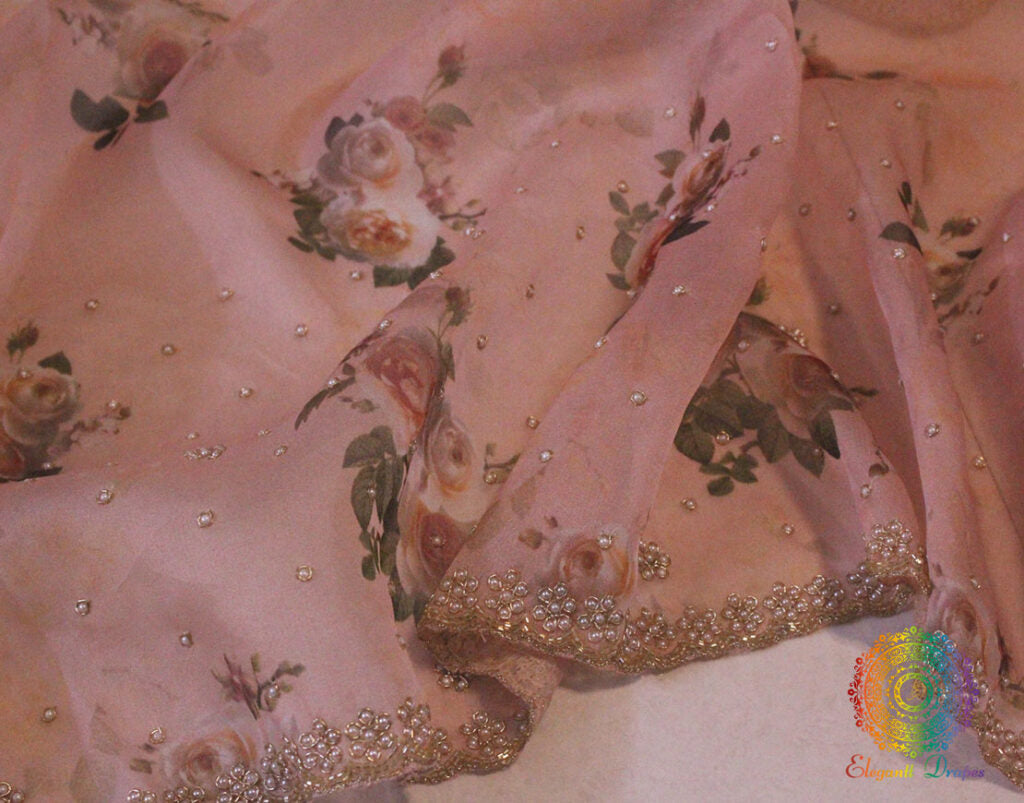 Blush Pink Floral Printed Pure Organza Handwork Saree – Handloom Saree Online India | Elegantt Drapes