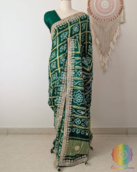 Deep Green Gharchola Gaji Silk Saree with Bandhani motifs and Gota Patti pallu