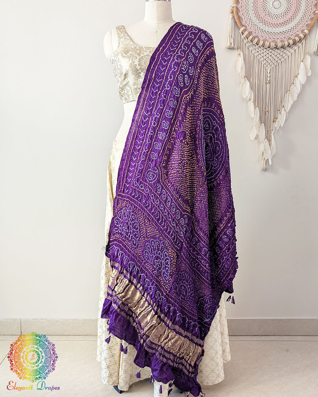 Deep purple gaji silk bandhani dupatta traditional tie and dye Elegantt Drapes