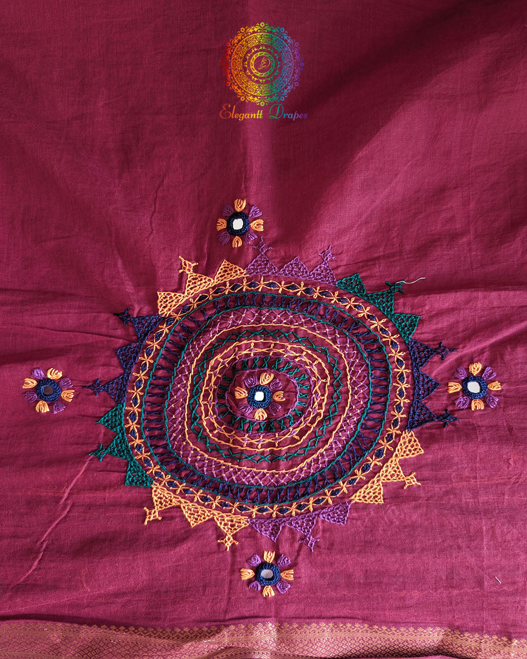 Close-up of Lambani hand embroidery on the back of Deep Red Mangalgiri Cotton Blouse Piece