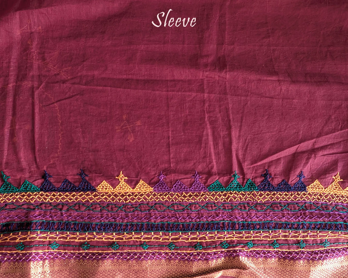 Close-up of Lambani embroidered sleeve on Deep Red Mangalgiri Cotton Blouse Piece