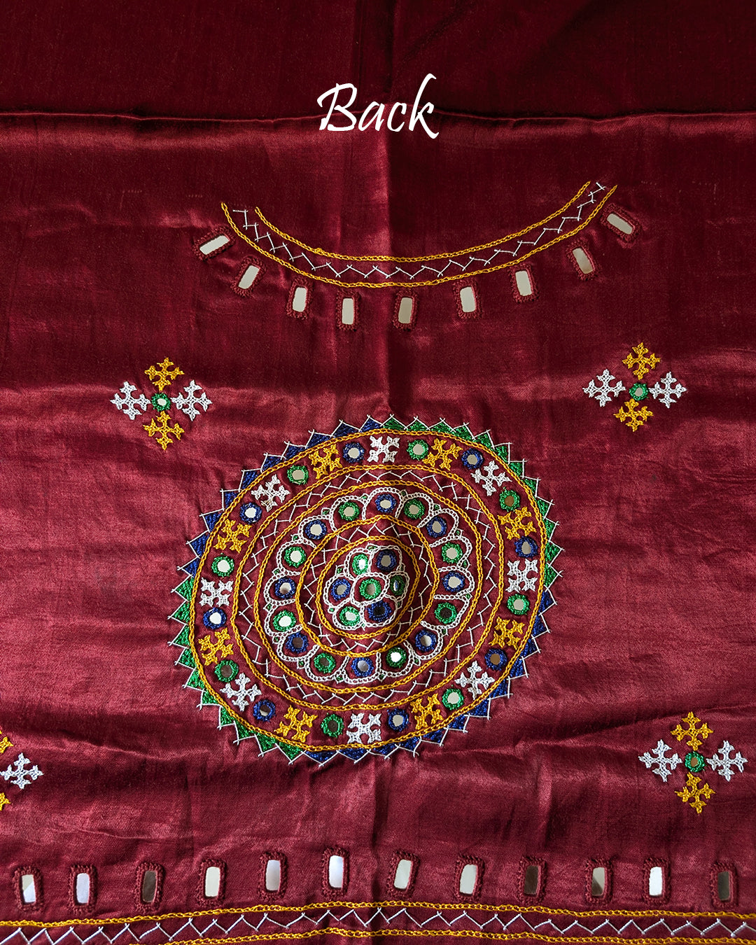 Back embroidery detail on deep red Mashru silk blouse fabric