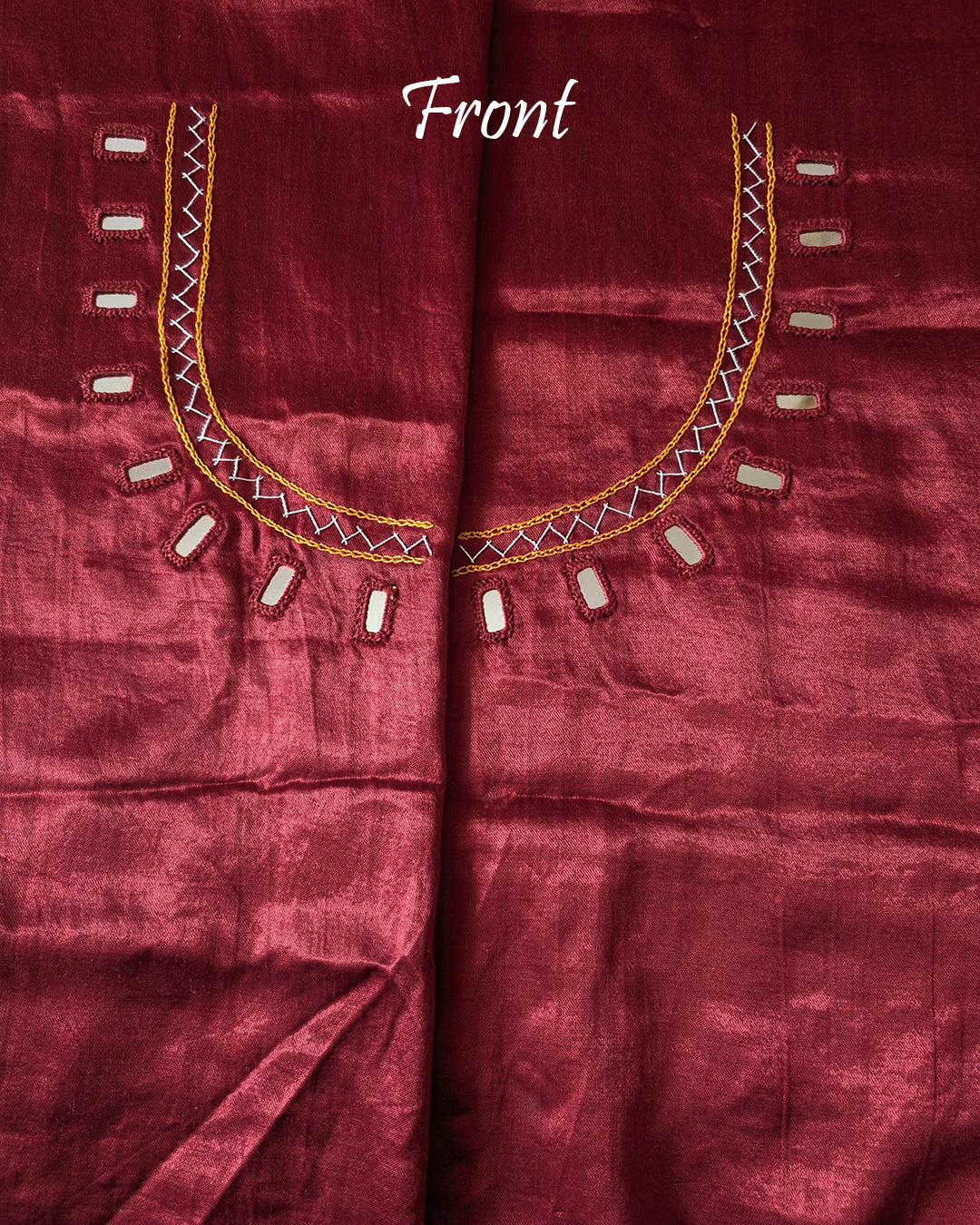 Front Kutch Bavadiya handwork detail on deep red Mashru silk blouse piece