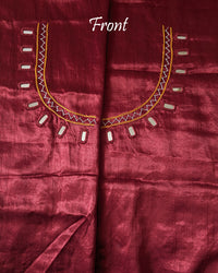 Front Kutch Bavadiya handwork detail on deep red Mashru silk blouse piece