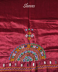 Sleeve embroidery detail on deep red Bavadiya handwork blouse fabric