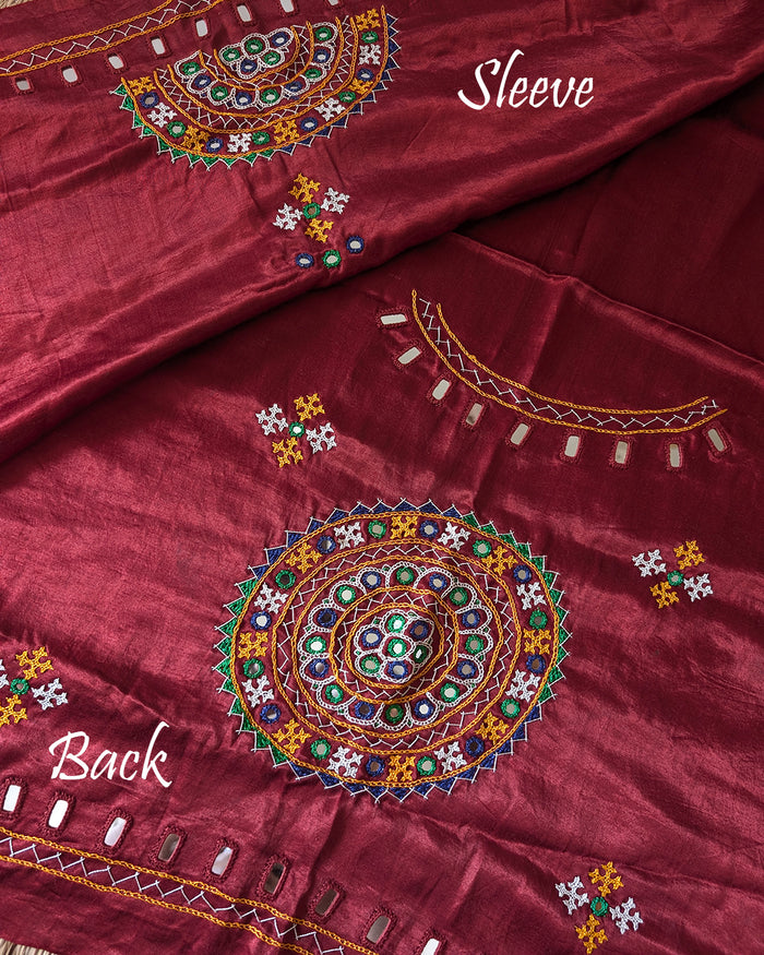 Deep red Kutch Bavadiya handwork Mashru silk blouse piece full fabric view