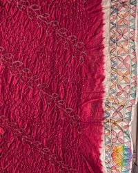 Detailed Bandhani pattern on the Deep Red Muga Silk Dupatta