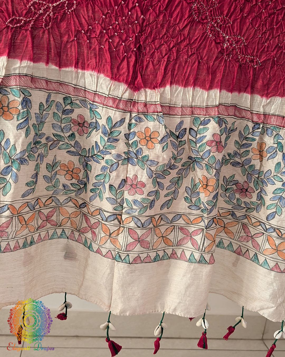 Deep Red Bandhani Madhubani Muga Silk Dupatta for festive and traditional wear