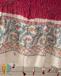 Deep Red Bandhani Madhubani Muga Silk Dupatta for festive and traditional wear