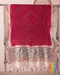 Deep Red Muga Silk Dupatta with Bandhani body and hand-painted Madhubani artwork border