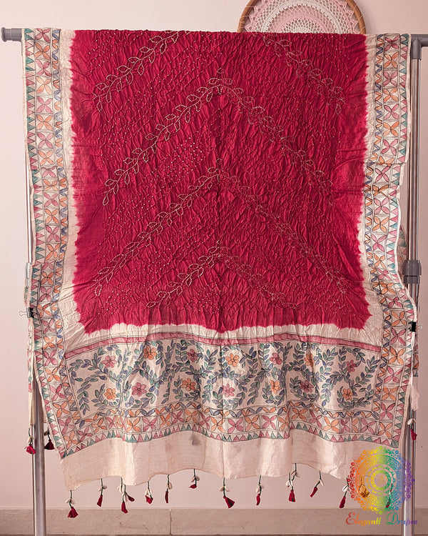 Deep Red Muga Silk Dupatta with Bandhani body and hand-painted Madhubani artwork border