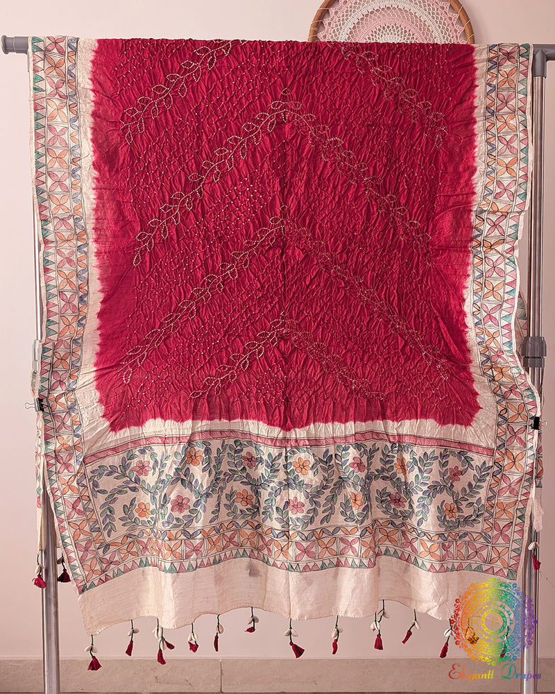 Deep Red Muga Silk Dupatta with Bandhani body and hand-painted Madhubani artwork border