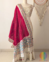 Deep Red Bandhani Madhubani Muga Silk Dupatta full draped view