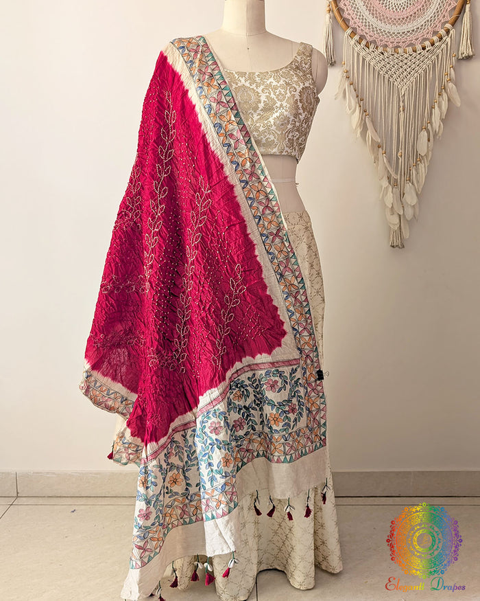 Deep Red Bandhani Madhubani Muga Silk Dupatta full draped view