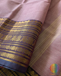 Dusty pink Kanchi cotton saree border close up highlighting woven detailing and texture